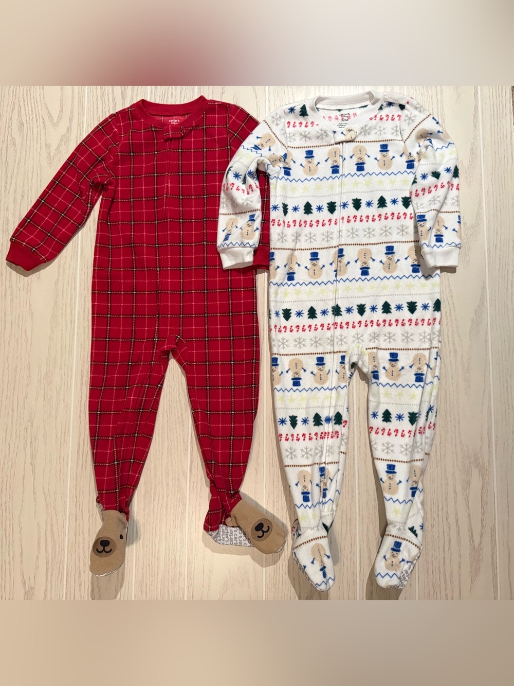 Carter’s Toddler Boys 3T Christmas Fleece Footed Pajamas 2pc Bundle Plaid Snowma